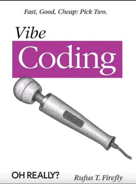 A parody O'Reilly book called "Vibe Coding". The main picture is a vibrator.