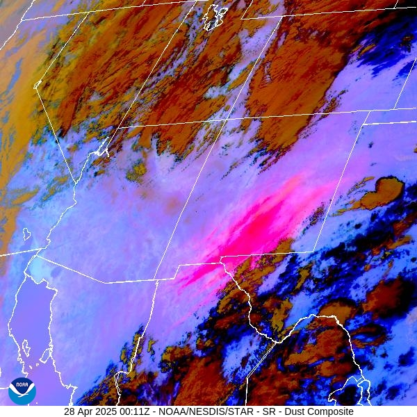 Map of Four Corners, showing intense magenta dust storm from GOES satellite in southern NM