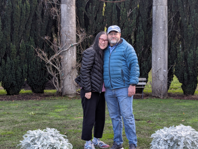 Rosanna and Jonathan in a garden