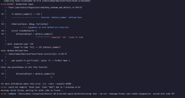 The compiler lets us know that we forgot to call default number in the expression that we assigned to default in facet(default). It suggests adding parenthesis, which is the correct fix.