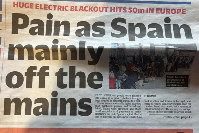Newspaper headline reporting massive Spanish power outage: ‘Pain as Spain mainly off the mains’.