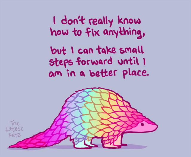 A drawing of a rainbow-colored pangolin. The caption reads, "I don't really know how to fix anything, but I can take small steps forward until I am in a better place."