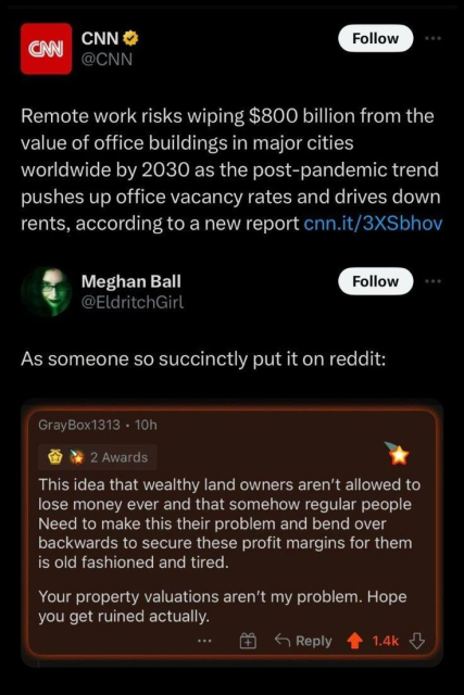 CNN
@CNN
Remote work risks wiping $800 billion from the value of office buildings in major cities worldwide by 2030 as the post-pandemic trend pushes up office vacancy rates and drives down rents, according to a new report cnn.it/3XShhov


Meghan Ball
@ELdritchGirl
As someone so succinctly put it on reddit:


GrayBox1313 « 10h
2 Awards
This idea that wealthy land owners aren't allowed to lose money ever and that somehow regular people Need to make this their problem and bend over backwards to secure these profit margins for them is old fashioned and tired.

Your property valuations aren't my problem. Hope you get ruined actually.