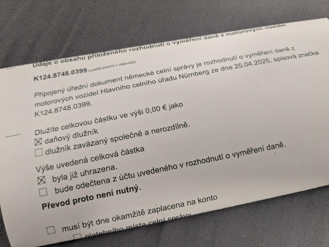 A letter from German customs office, written in Czech.