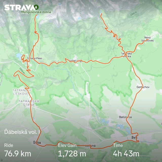 Trasa: Smokovec - Svit - Štrba - Š. Pleso - Popradské pleso - Tatranská Polianka - Sliezský dóm - Smokovec

Ujeli jsme 76,9 km
Nastoupáno 1 728 m
Ujeto za 4 h 43 minut
Průměrná rychlost 16,3 km/h
Stav: na umření