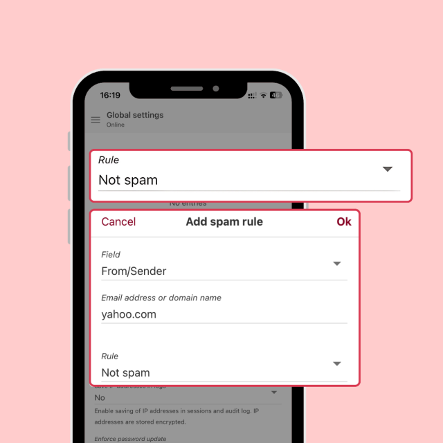 How to whitelist an email in Tuta Mail: Add spam rule. 