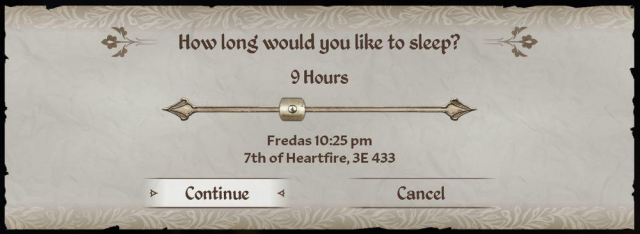 A ui screen from an RPG, likely elder scrolls 4, with

"How long would you like to sleep?"

It has a horizontal setting bar, currently set to 9 Hours