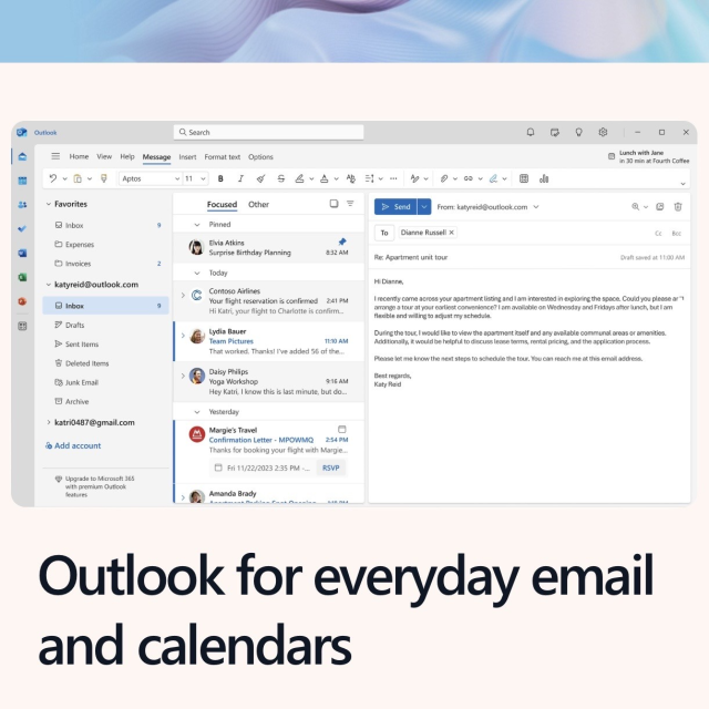 Screenshot showing an image of the web version of the email application Outlook, with bold text below that reads, “Outlook for everyday email and calendars.”