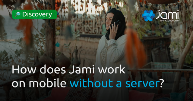 A woman in a white traditional dress and black headscarf is speaking on a smartphone while standing outdoors in a colorful, bohemian-style setting with hanging decorations and a waterfront in the background. Overlaid text reads: 'How does Jami work on mobile without a server?' with a 'Discovery' label and the Jami logo in the top-right corner.