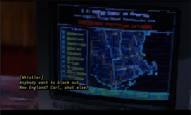 A screenshot from the movie "Sneakers" rendered in surprisingly high quality on a terminal emulator.

A computer screen can be seen with a map of the New England states, with some illegible labels and menu items.

Subtitles in italic light yellow on black read

[Whistler]
Anybody want to black out
New England? Carl, what else?