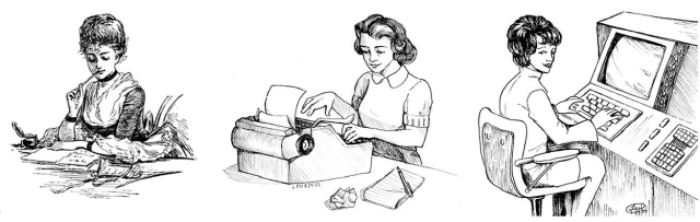 Collage of three women composing, one with quill pen, one with typewriter, and one with a '60s era computer.