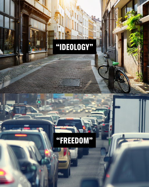 Top picture: quiet street with sidewalks and shops, room for pedestrians and bicycles. Caption: "Ideology". Bottom picture: traffic jam with cars parked on both sides of the road. Caption: "Freedom" 