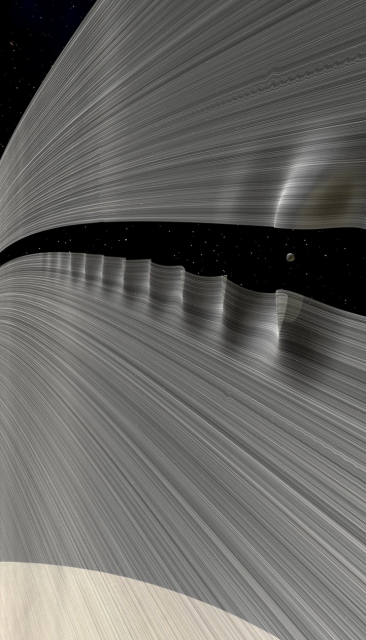 Saturn's moon Daphnis in the Keeler gap in the A ring, as artistically depicted by Kevin Gill of NASA here:

https://www.flickr.com/photos/kevinmgill/29111229131

The moon, sitting in the gap, creates lots of ripples in the inner part of the ring and a few in the outer part.  Saturn can be seen below.