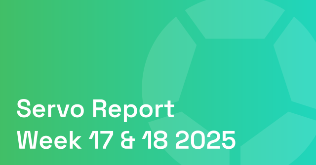 Decorative report cover with the Servo logo that reads "Servo Report Week 17 & 18 2025”