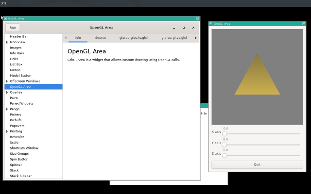 TWM with gtk3-demo open on the left, the embedded GL example on the right, and xterm behind.