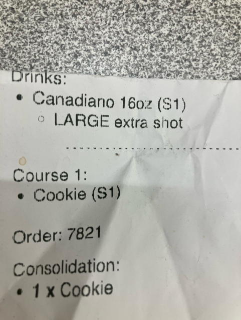 A receipt showing a beverage called a Canadiano. 