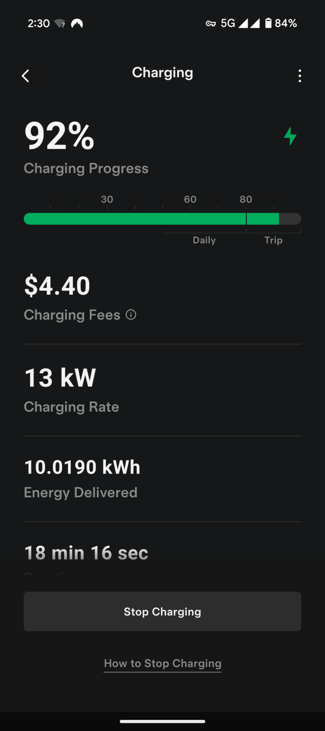 A screenshot of a phone app, showing charging progress