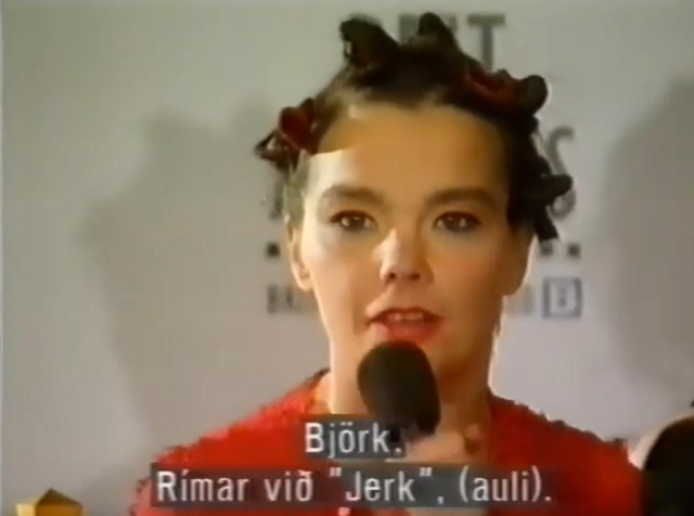 photo of Björk at a press conference, subtitle in Icelandic saying what I say in the post.