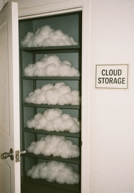 a closet behind a door with what would appear to be literal clouds.

A "Cloud Storage" sign can be seen beside the door opening.
