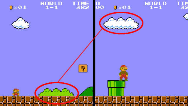 A pair of Super Mario Brothers screenshots showing that the art for the clouds and the bushes is the same, just different colors and the bottom of the bush isn't displayed.