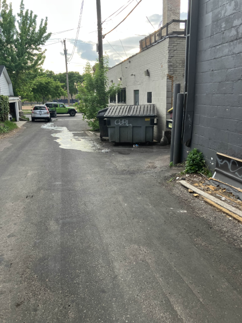 Green dumpster, with "CURL" graffiti on it.