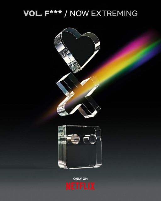 A poster with the Love Death + Robots symbols (a heart, an "X" and a stylized robot head) where the symbols look like crystal and a rainbow of light is prisming out from the "death" symbol.