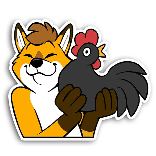 Sticker of Foxbrush happily holding up a big black rooster