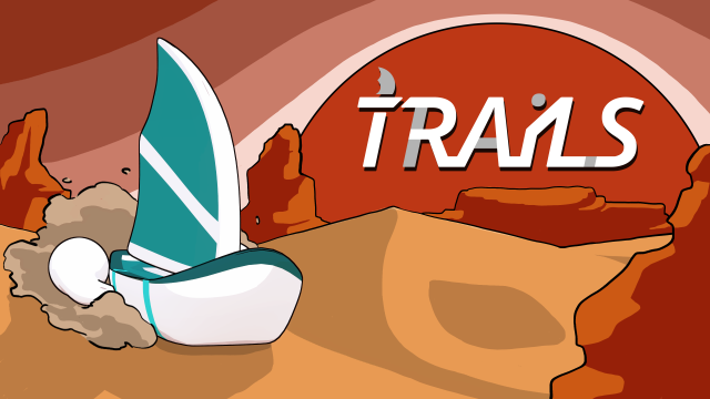 2d Keyart of our game TRAILS. A white sailing ship with a turquoise sail is moving over the dunes of a stylized desert, leaving a dust trail behind it. The red mountains in the background are lit by a setting sun. The logo "TRAILS" is set in front of the sun.