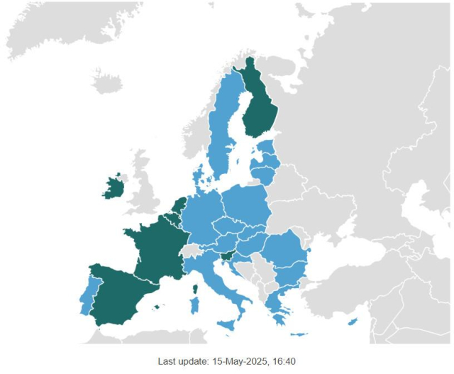 A map with Spain, France, Belgium, the Netherlands, Ireland, Finland, and Slovenia highlighted. Last update: 15-May-2025, 16:40