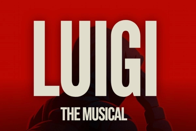 Red background with Luigi the musical. A silhouette of a man in a hoodie in the background.