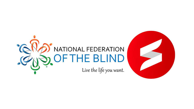 The image features two logos side by side on a white background. On the left is the logo for the National Federation of the Blind, consisting of a stylized, symmetrical design resembling six abstract human figures in blue, orange, and green, encircling a central point. To the right of the emblem, the words 'NATIONAL FEDERATION' are in black uppercase letters above 'OF THE BLIND' in blue uppercase letters, with the tagline 'Live the life you want.' in a smaller black serif font below. On the right side of the image is the logo for Innosearch.ai, which consists of a bold red circle containing a stylized white 'S' shape made from two ribbon-like segments creating a 3D effect.