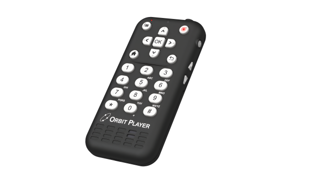 The Orbit Player angel view shows the front keypad and navigation keys, and on the side, there are volume up/down buttons and a power button.