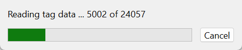 a progress window showing a task in progress - in this case, the MP3Tag  app reading a directory. It displays the text "Reading tag data ... 5002 of 24057" indicating the current status of the task. Below this text, there is a progress bar that is partially filled with green, representing the progress made so far. To the right of the progress bar, there is a "Cancel" button that can be used to halt the operation.