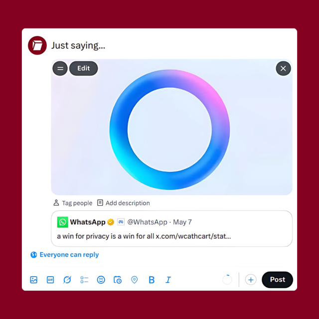 Screenshot of Tuta Mail retweeting WhatsApp's tweet saying "A win for privacy is a win for all" with an image of the Meta AI blue circle and text that says "Just saying..."