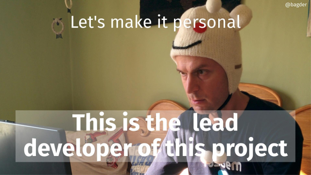 Daniel wearing a silly hat with the text below: "This is the lead developer of this project."