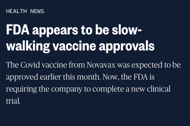 FDA appears to be slow-walking vaccine approvals
The Covid vaccine from Novavax was expected to be approved earlier this month. Now, the FDA is requiring the company to complete a new clinical trial.