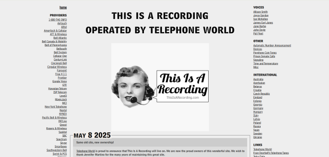 A web browser screenshot showing what https://thisisarecording.com looks as of writing this post.
The web page is mostly white, and contains a large list of carriers with sounds belonging to them.