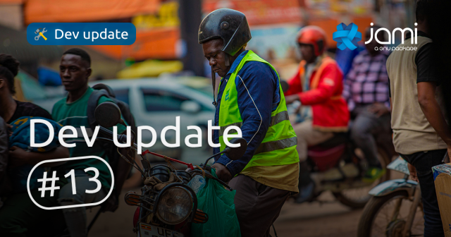 Image illustrating Jami's Development Update #13. In the foreground, a motorcycle taxi driver wearing a high-visibility vest looks at his phone, surrounded by other riders and pedestrians on a busy street. The Jami logo with the text 'a GNU package' appears in the top right. A 'Dev update' badge and the text 'Dev update #13' are overlaid on the image.