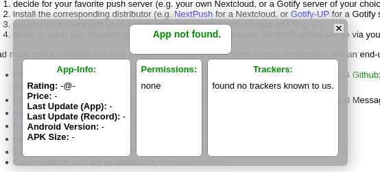 Screenshot of the website: window for "Gotify-UP" that shows "App not found"