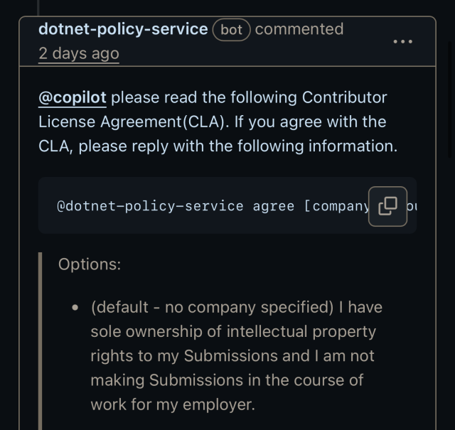 A screenshot from a Github issue, in which the dotnet-policy-service bot is insisting that the copilot bot read and sign the Microsoft CLA