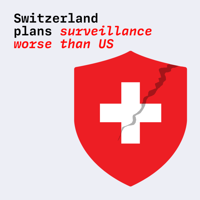 Image with the headline "Switzerland plans surveillance worse than US" next to a shield with the Swiss flag and a big crack going through it. 