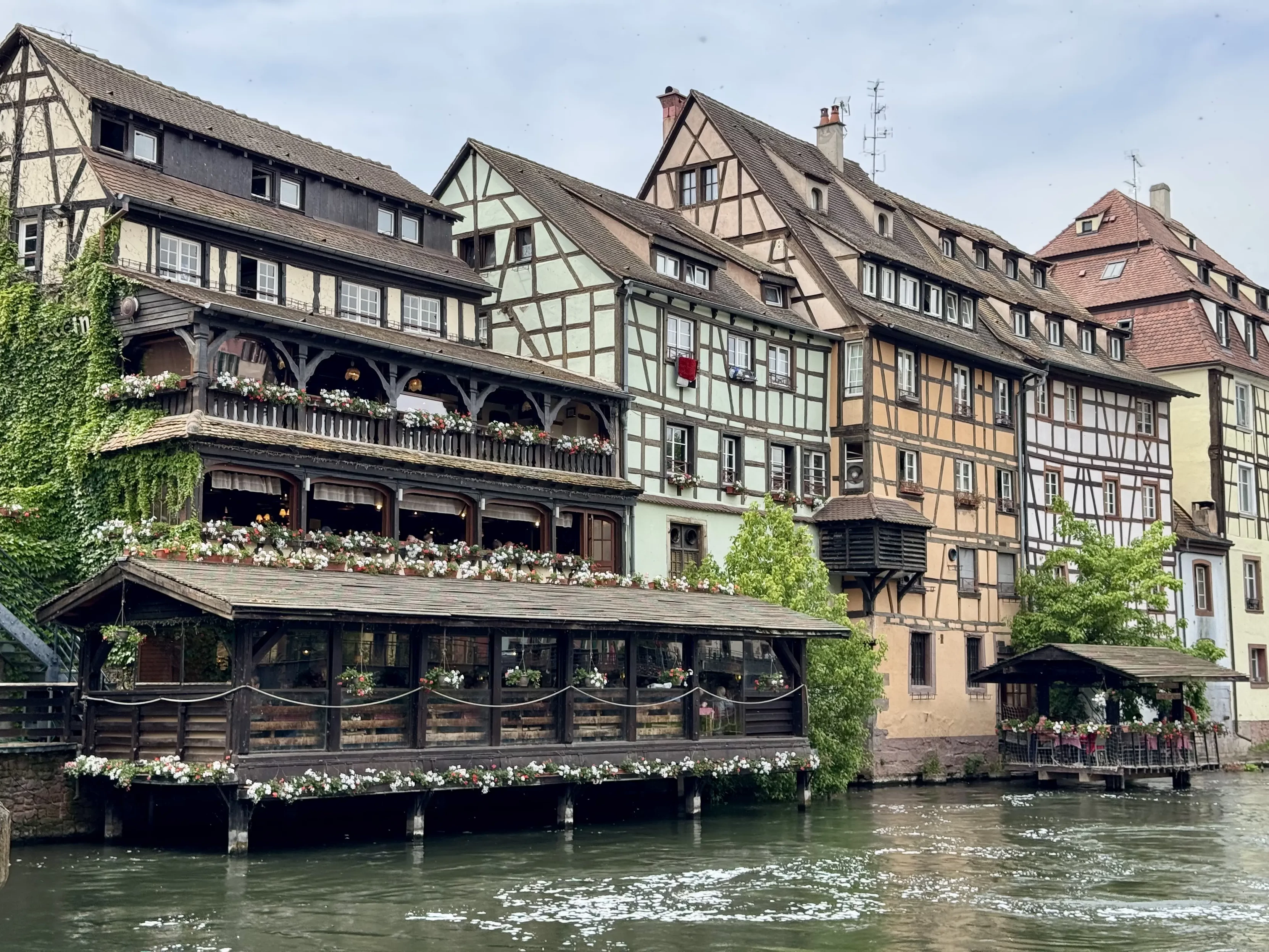 Half-timbered houses built on the banks of the river that crosses Strasbourg.