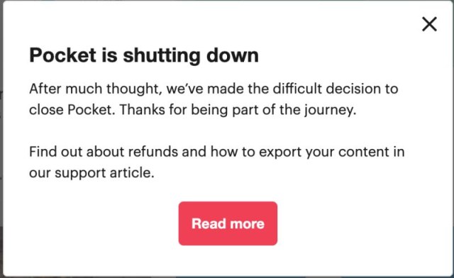 Screenshot of GetPocket.com showing it is shutting down