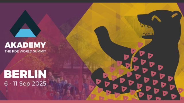 Graphics of the Berlin Bear with Akademy's logo, with a blurred background of last year's group photo from Akademy.