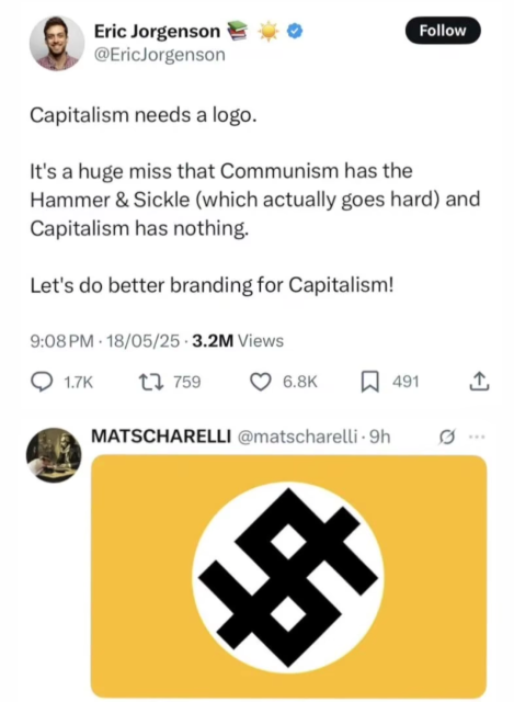 The image shows a screenshot of a Twitter post by Eric Jorgenson ([@]EricJorgenson). The post reads: "Capitalism needs a logo. It's a huge miss that Communism has the Hammer & Sickle (which actually goes hard) and Capitalism has nothing. Let's do better branding for Capitalism!" The post has garnered 3.2 million views, 1.7K comments, 759 retweets, 6.8K likes, and 491 bookmarks. Below the original tweet, there is a reply from user MATSCHARELLI ([@]matscharelli) with a logo featuring a stylized dollar sign within a circle on a yellow background. The logo is a play on the Nazi swastika, symbolizing a critique of the original tweet's suggestion.

Provided by @altbot, generated privately and locally using Ovis2-8B