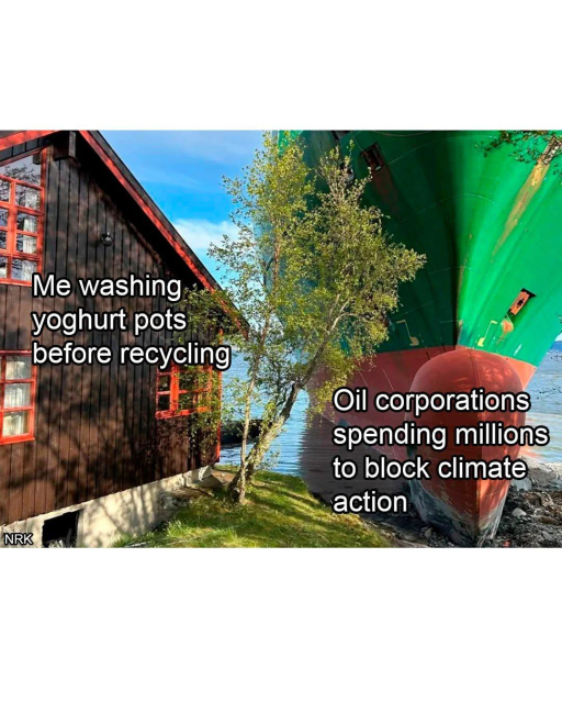 Meme. A man in Norway woke up only to find a huge container ship in his garden. Left of picture: house. Right of picture: crashed ship. Left caption: Me washing yoghurt pots before recycling. Right caption: oil corporations spending millions to block climate action.