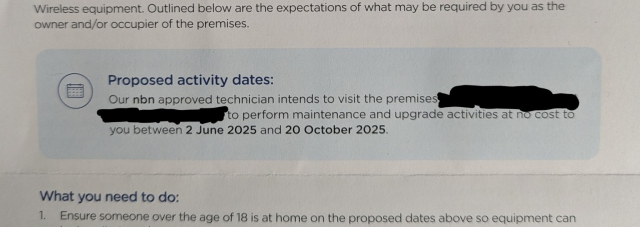 Photo of part of a letter from NBNCo proposing a visit sometime between June and October 2025, and asking that "someone over the age of 18 is at home on the proposed dates above".