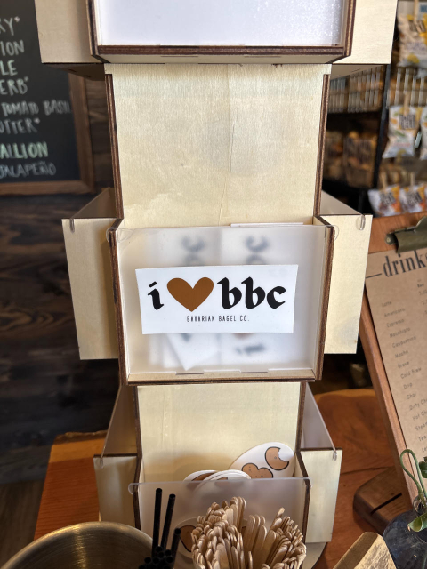Sticker that says "I ❤️ BBC" for the Bavarian Bagel Co