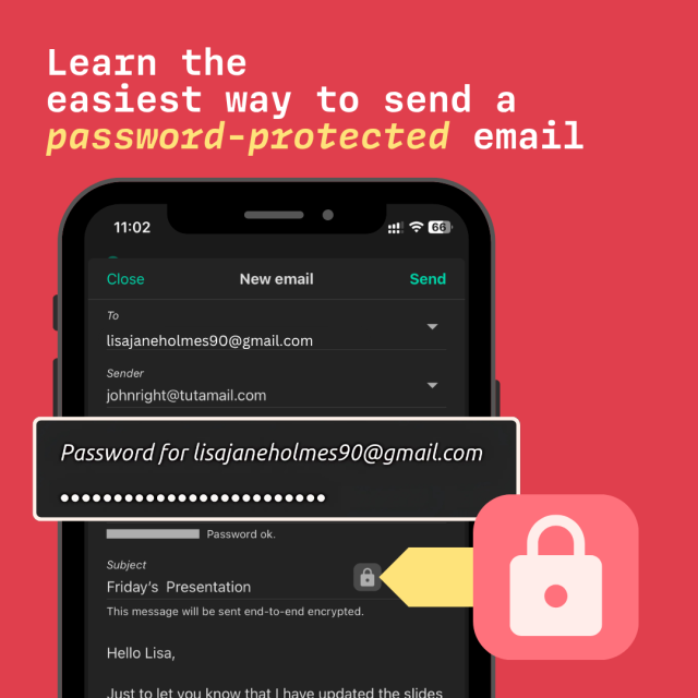 Image with a title "Learn the easiest way to send a password-protected email" with a mobile device showing the Tuta Mail interface  and how to send a password protected email. 
