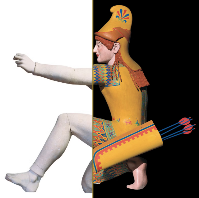 Reconstruction of the original painting of an ancient Greek statue, an archer from the Temple of Aphaia, ca. 480BC. The diagram shows half the statue as it's widely known today, in pure white marble; and the other half as it originally was, in a luxurious peach-yellow base with marvelous geometric patterns in royal blue, scarlet, viridian.  The whiteness of marble has become a symbol of the refined superiority of Western civilisation, represented by its mythological origins in Greco-Roman Antiquity; however, the actual Greco-Roman art was as colourful as anything else you might see today in the Mediterranean area.